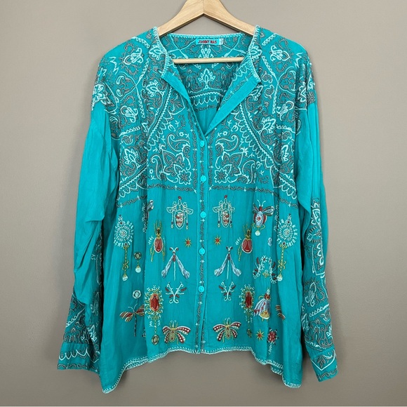 Johnny Was Tops - {Johnny Was} Renenutet Embroidered Insect Blouse - Womens Large
